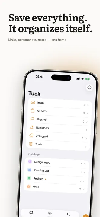 Tuck’s home screen listing the inbox, flagged items, reminders, and color-coded catalogs.