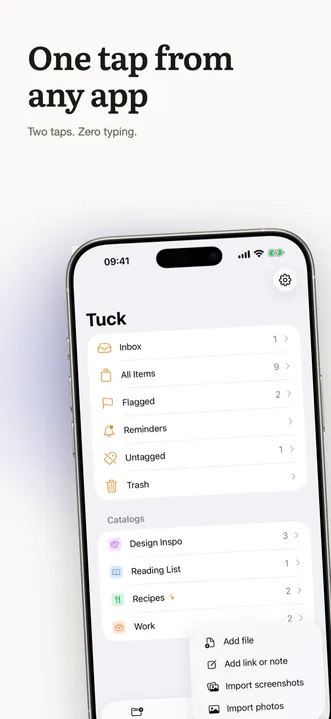 Quick-add menu for saving a link, note, screenshot, or photo in one tap from any app.