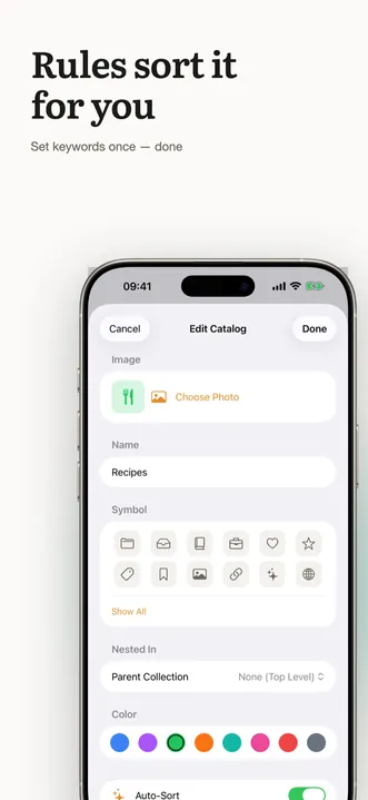 Catalog editor with auto-sort rules, an icon, a color, and nesting for a collection.