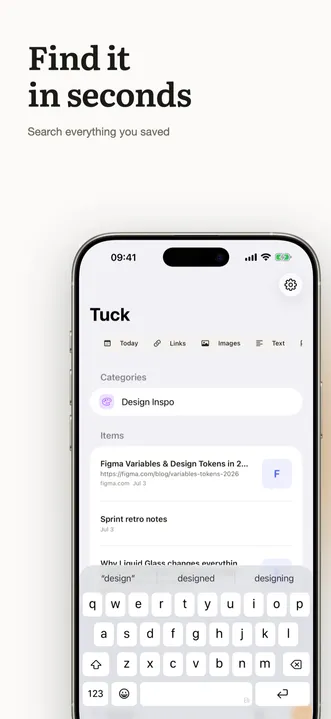Search screen filtering saved items by category with instant text matches.