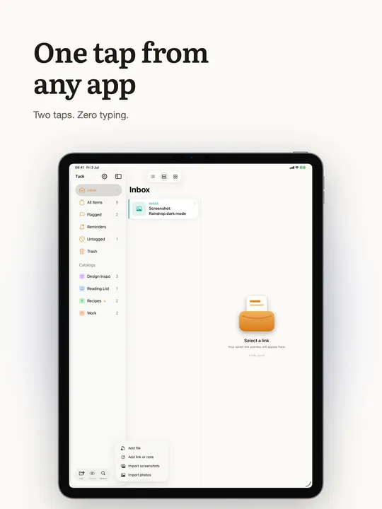 Quick-add menu on iPad for saving a link, note, or screenshot from any app.