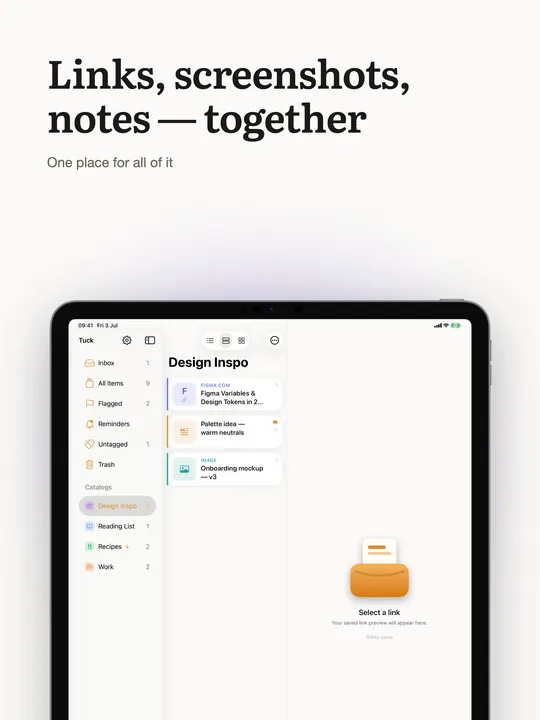 A mixed collection on iPad showing links, notes, and images side by side.