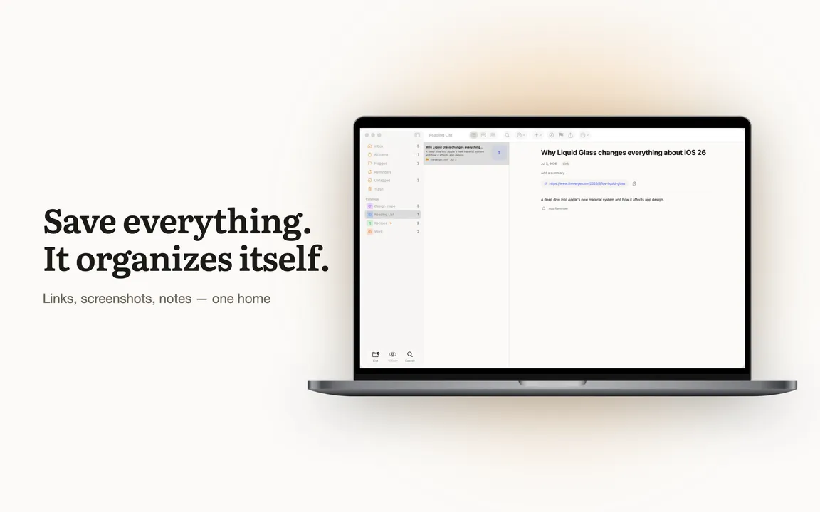 Tuck on Mac: sidebar with catalogs, reading list, and a saved article preview.