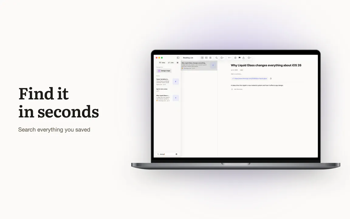 Search on Mac filtering everything saved with instant text matches.